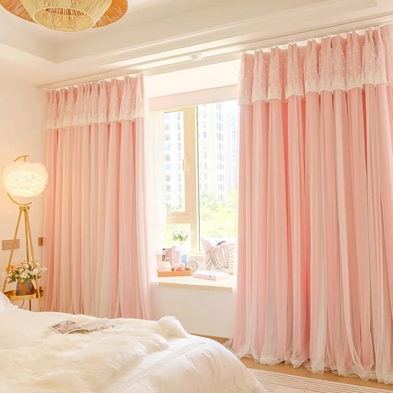 2pcs girls double princess style French pink curtain
