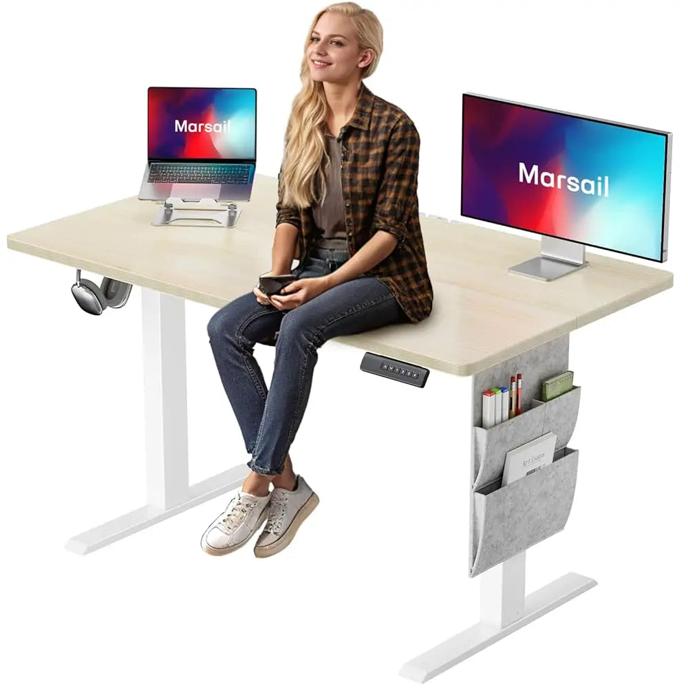 Home Office Adjustable Height Standing Desk with Storage Bag and Headphone Hook