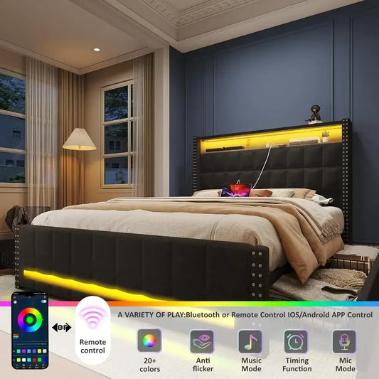 Bed Frame with 4 Storage Drawers with LED Light