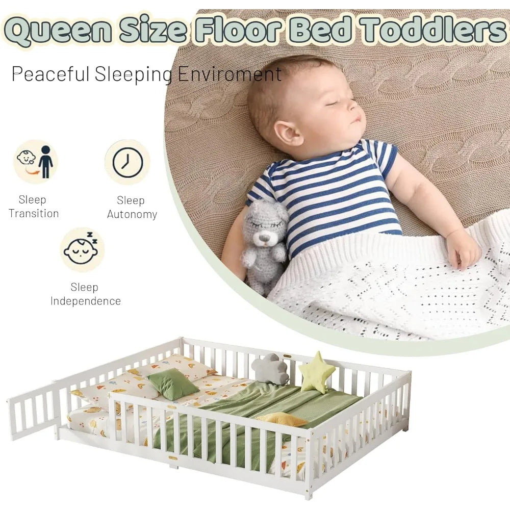 Queen Bed with Rubber Wood, Safety Rails, Slats, and Convertible Door