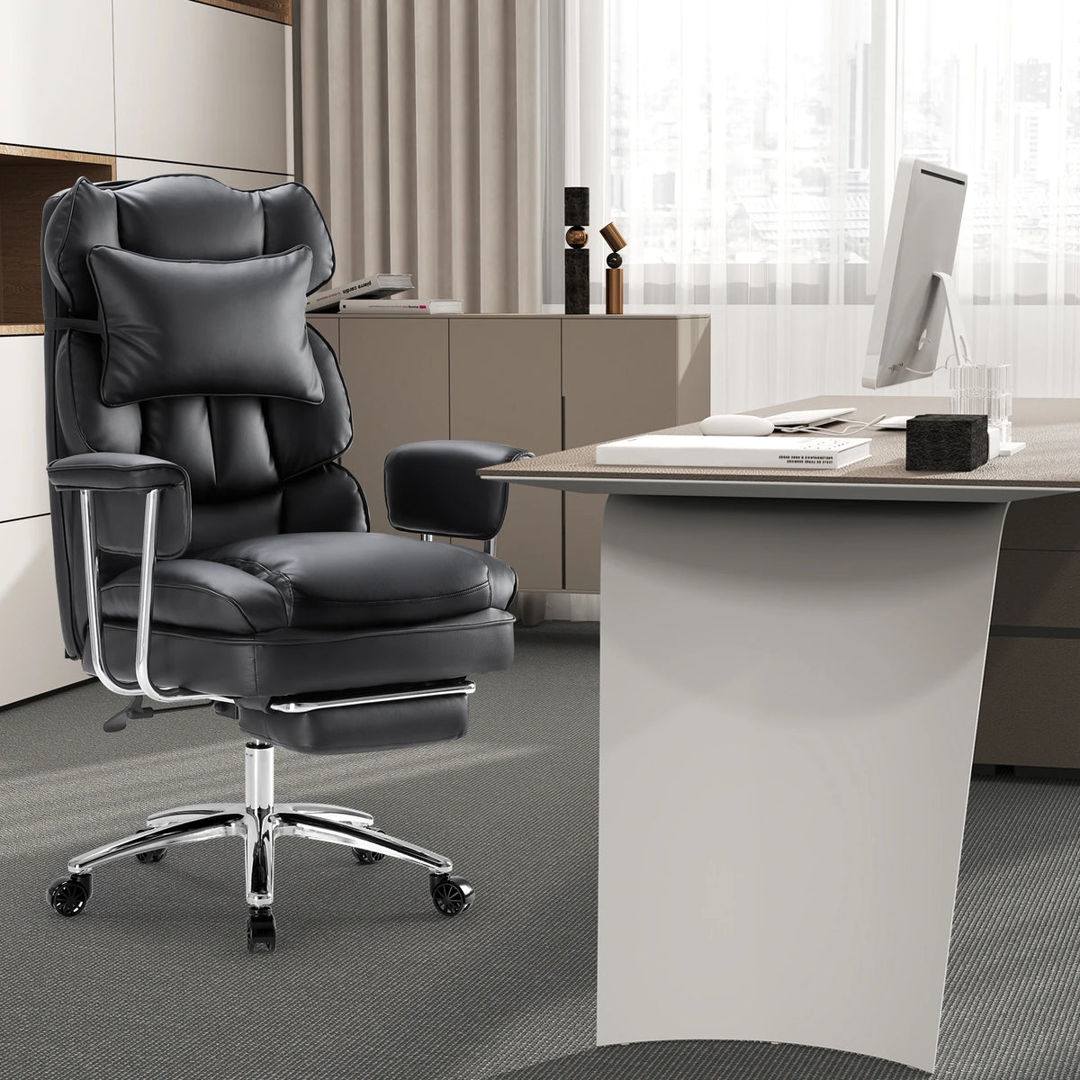 PU Leather Chair with High Back and Footrest Lumbar Support