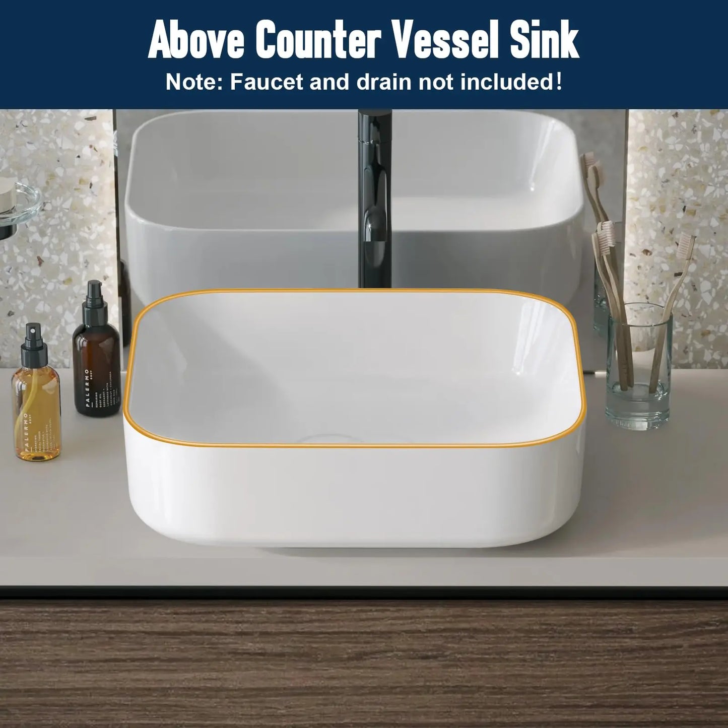 Elegant Modern Ceramic Style Gold Rim Rectangular Vessel Sink