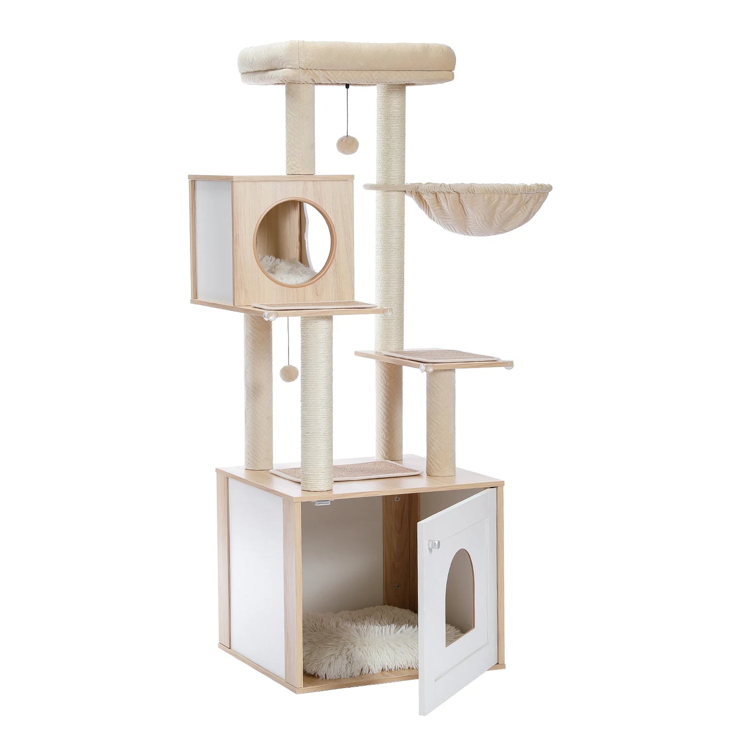 Cat Tree Tower Litter Box Wood Structure Storage with Hammock