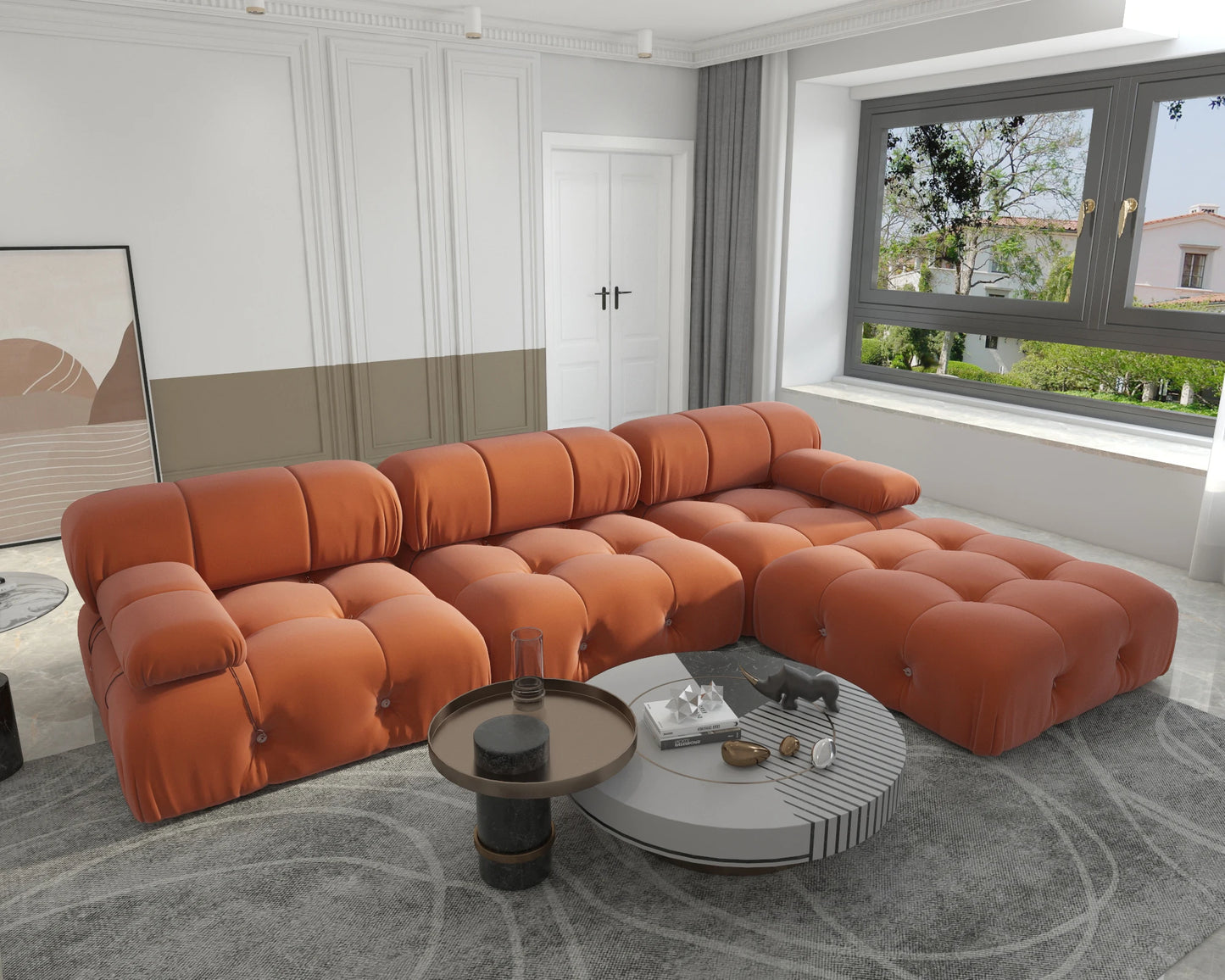 Modern L-Shaped Velvet Couch with Reversible Ottoman