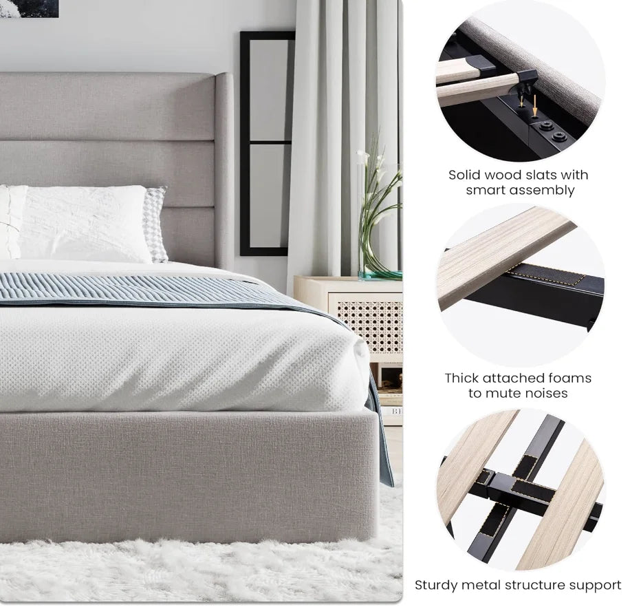 Lift Up Storage Bed/Modern Wing-back Headboard/Upholstered Platform
