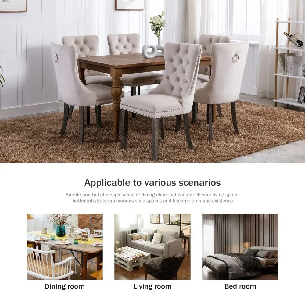 Upholstered Velvet Dining Chairs Set with Ring Pull Trim and Button Back