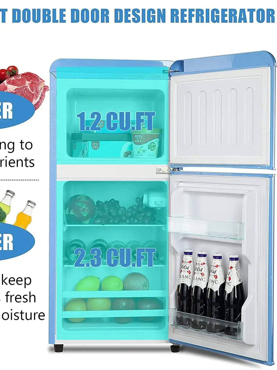 Retro Design Small Double Door Compact Refrigerator with Freezer