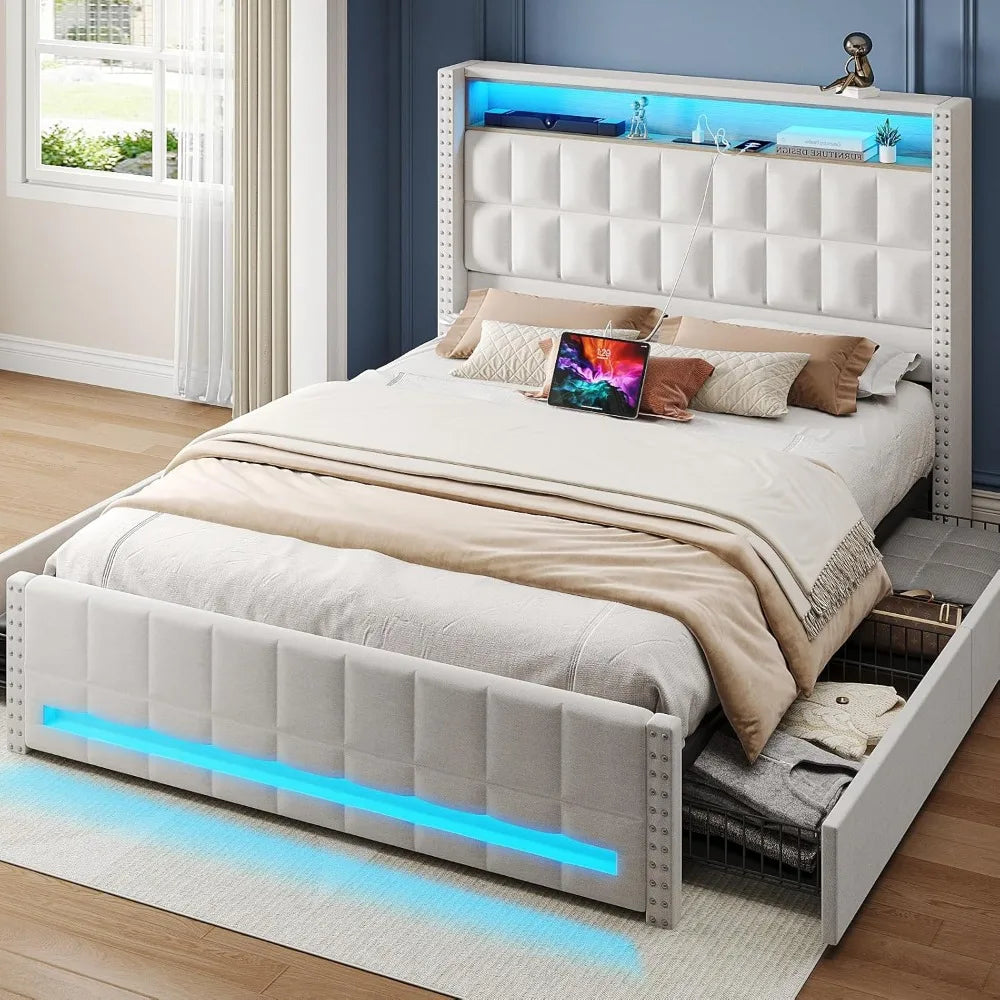 Bed Frame with Charging Station and 4 Storage Drawers