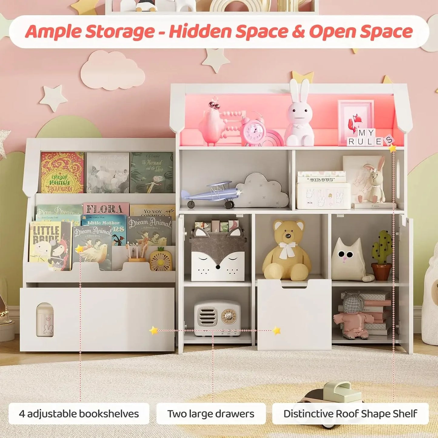 Castle Shaped Bookshelf Storage Organizer With Removable Drawers with LED Lights