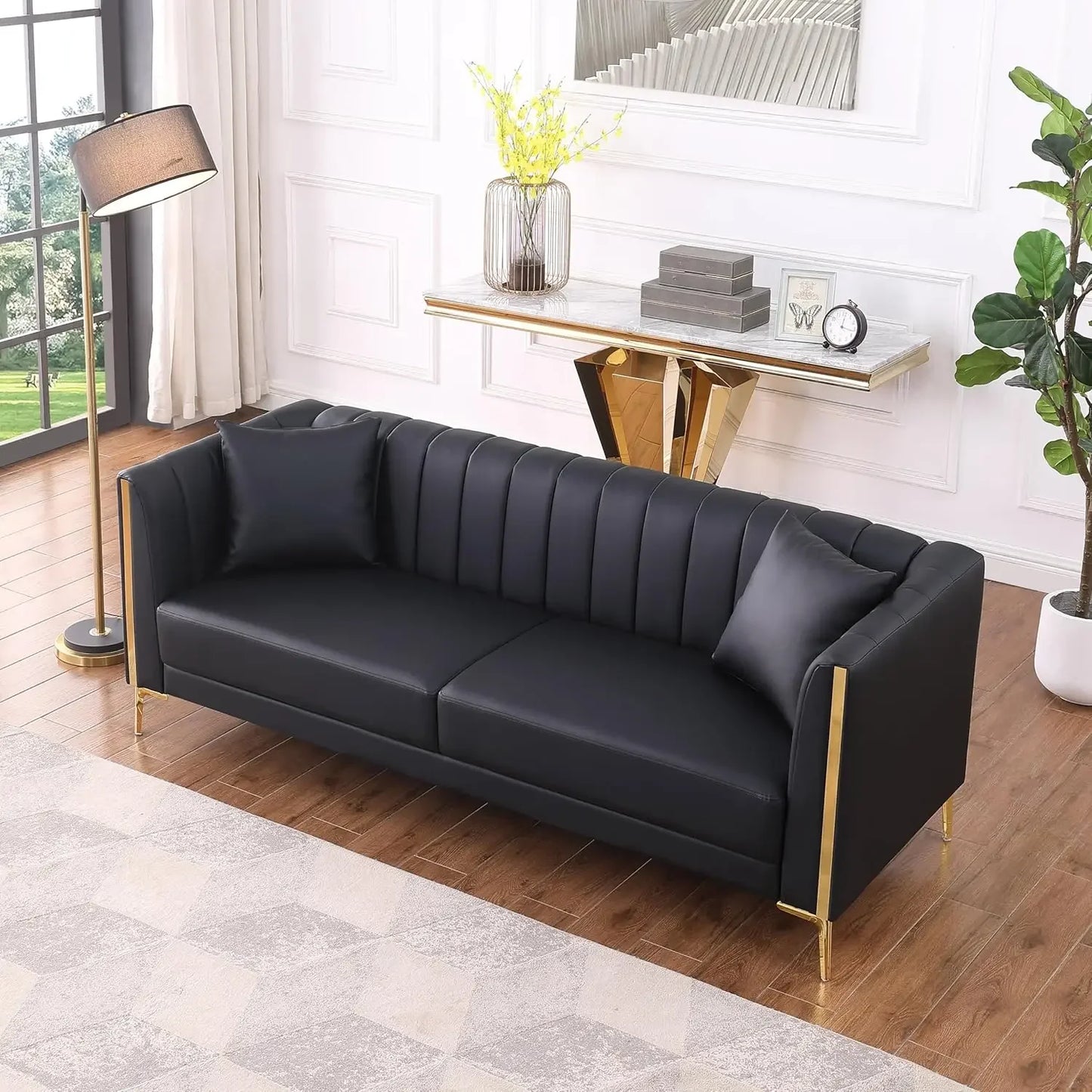 Comfy Faux Leather Sofa with 3 Sitter Sofa with 2 Throw Pillows and Gold Met