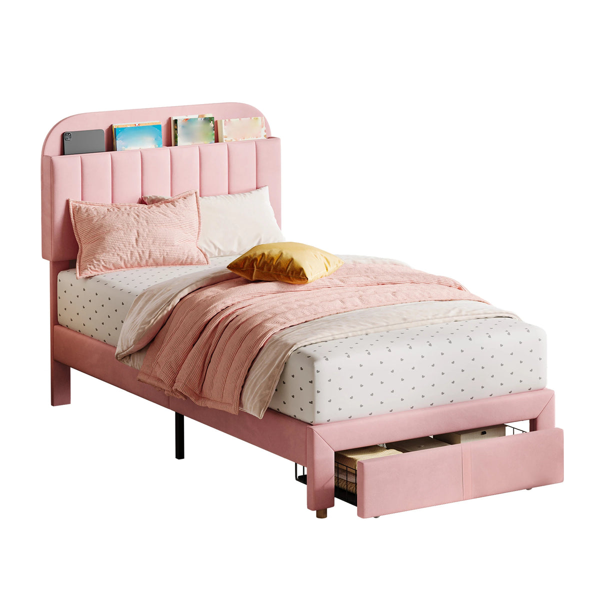 Twin Bed Frame with Bookcase Headboard & Storage Drawer