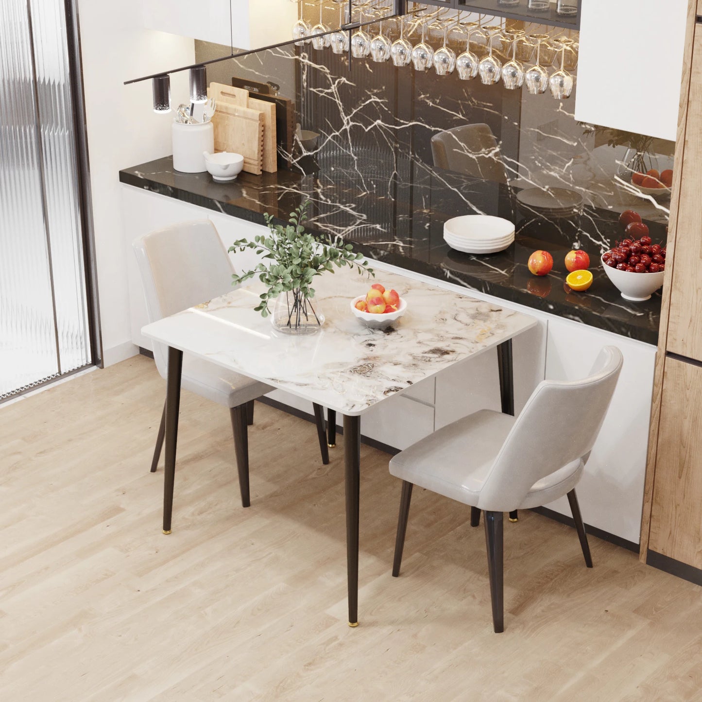 Mid-Century Slate Dining Table with Sintered Stone Top and Metal Legs