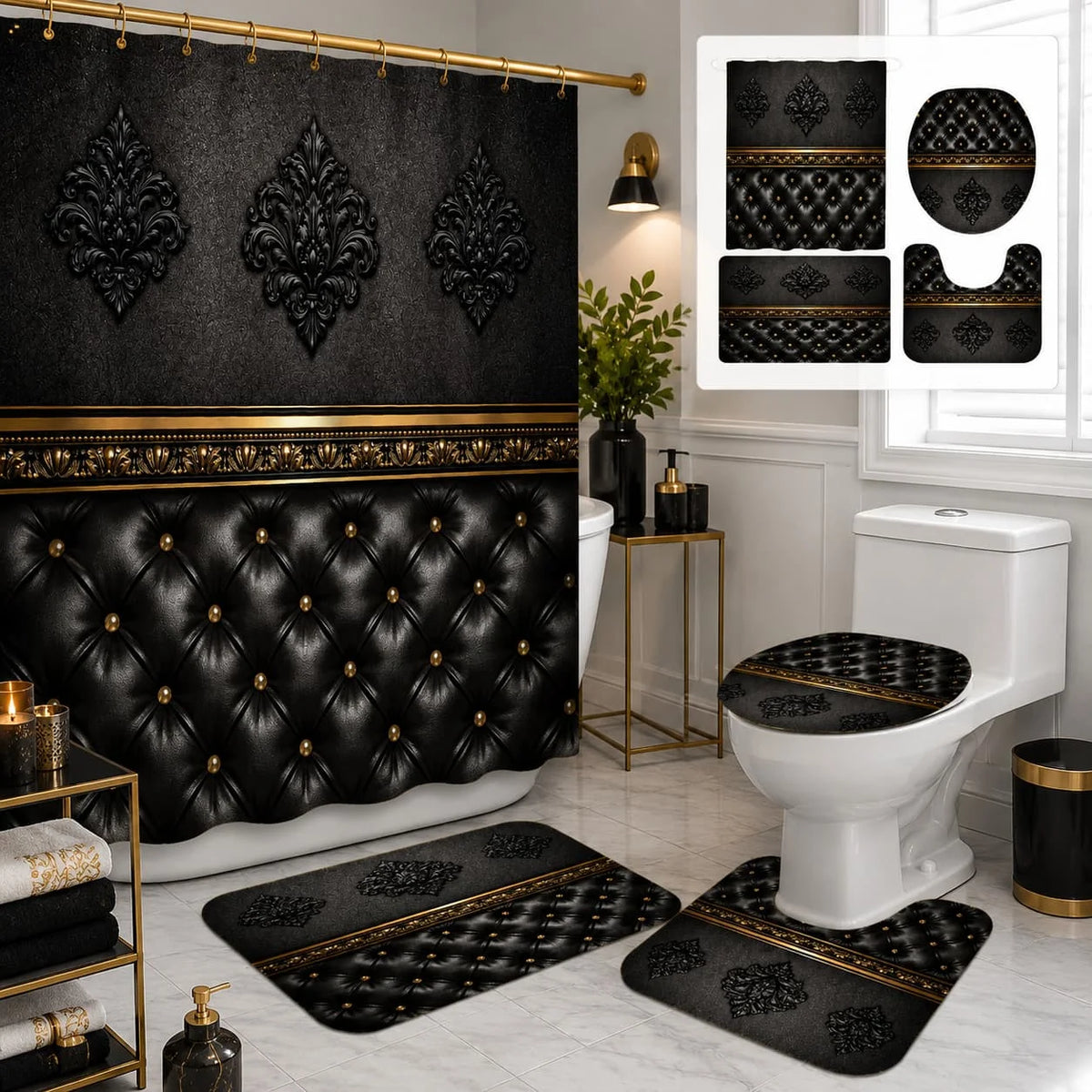 2D Flat, 2D Flat 4pcs Baroque Elegance Shower Curtain Set