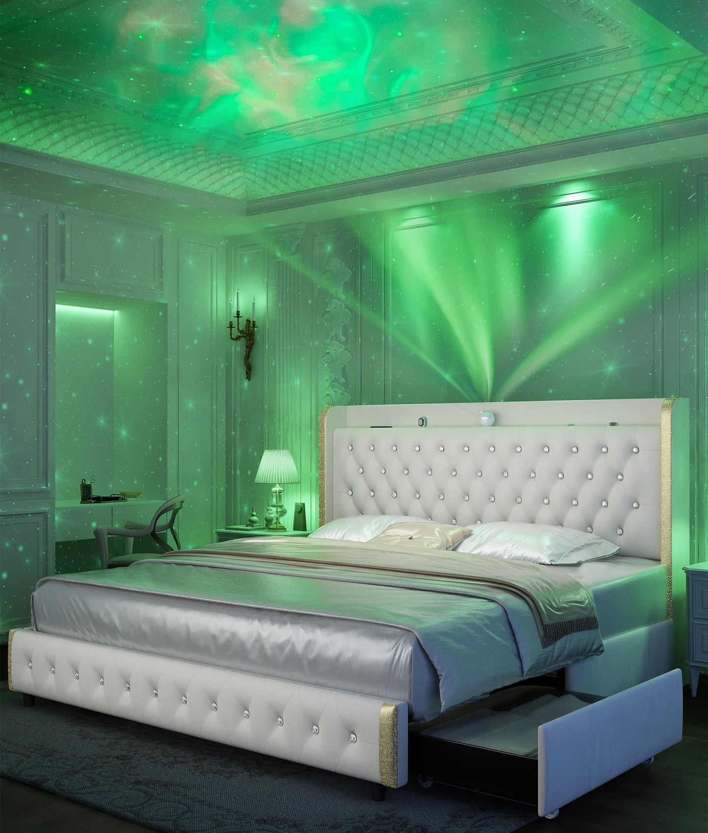 Bed Frame, Galaxy Projector, Bluetooth Speaker, USB Ports, 4 Drawers, No Box Spring Needed