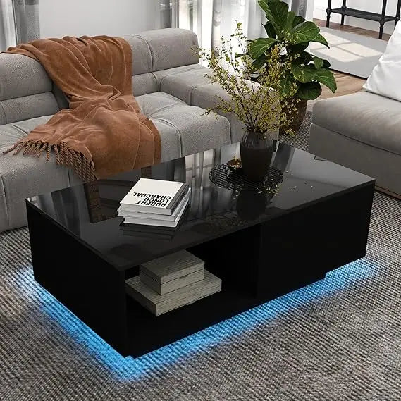 High Gloss Modern LED Coffee Table with Storage Space