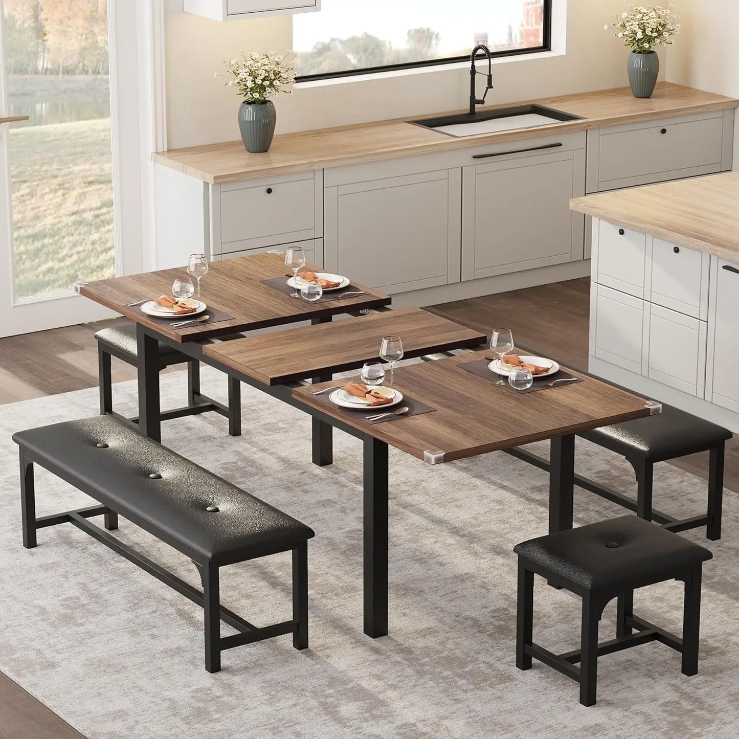 Extendable Dining Table with Upholstered Benches and Stools