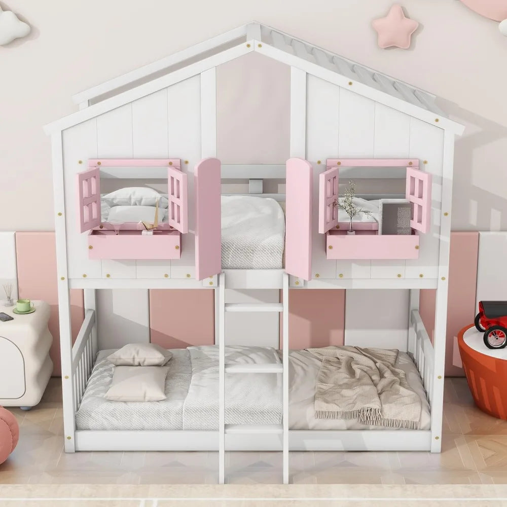 Floor House Bunk Bed with Low Bunker Bed Twin Over Twin