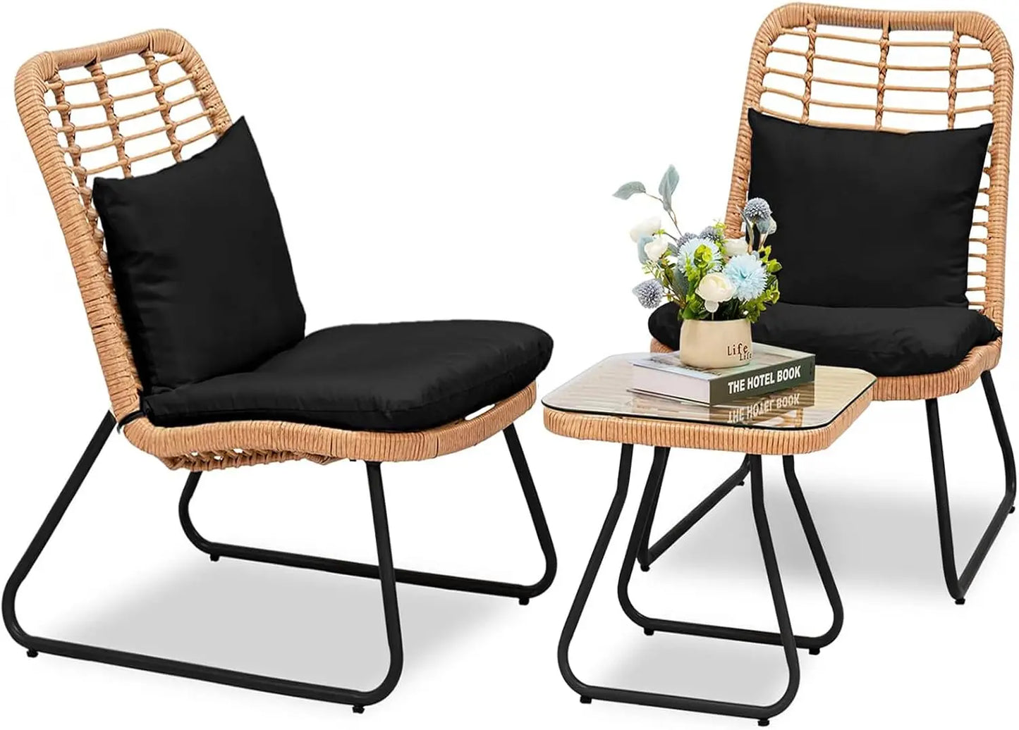 Patio Conversation Set w/2 Large Rattan Chairs and Tempered Glass Table