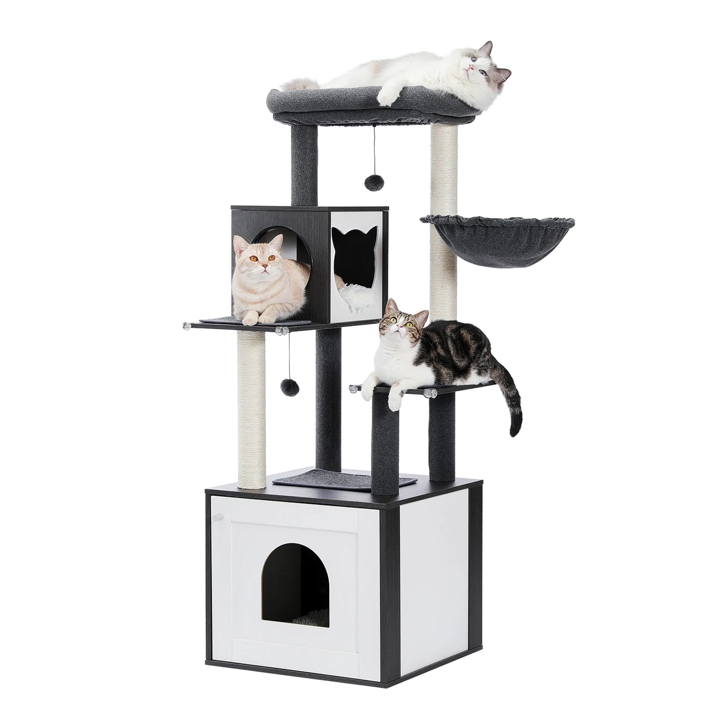 Cat Tree Tower Litter Box Wood Structure Storage with Hammock