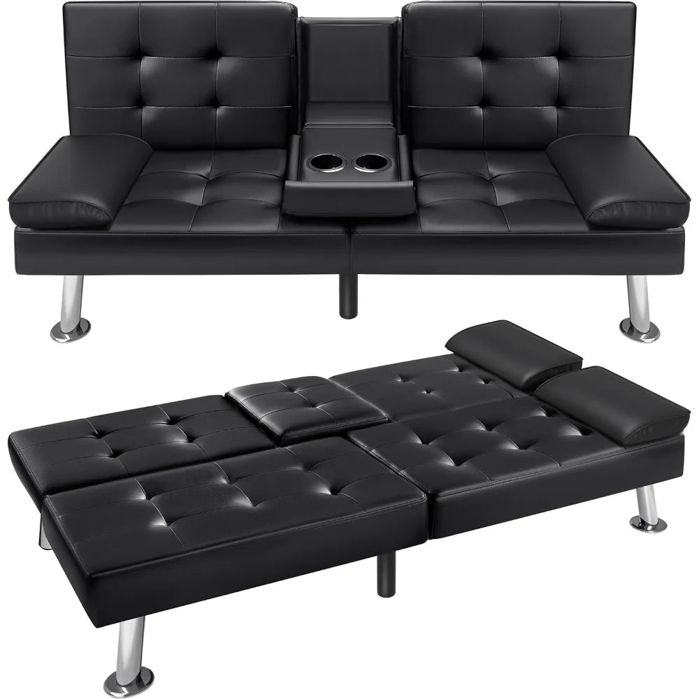 Modern Faux Leather Futon Sofa with Armrest
