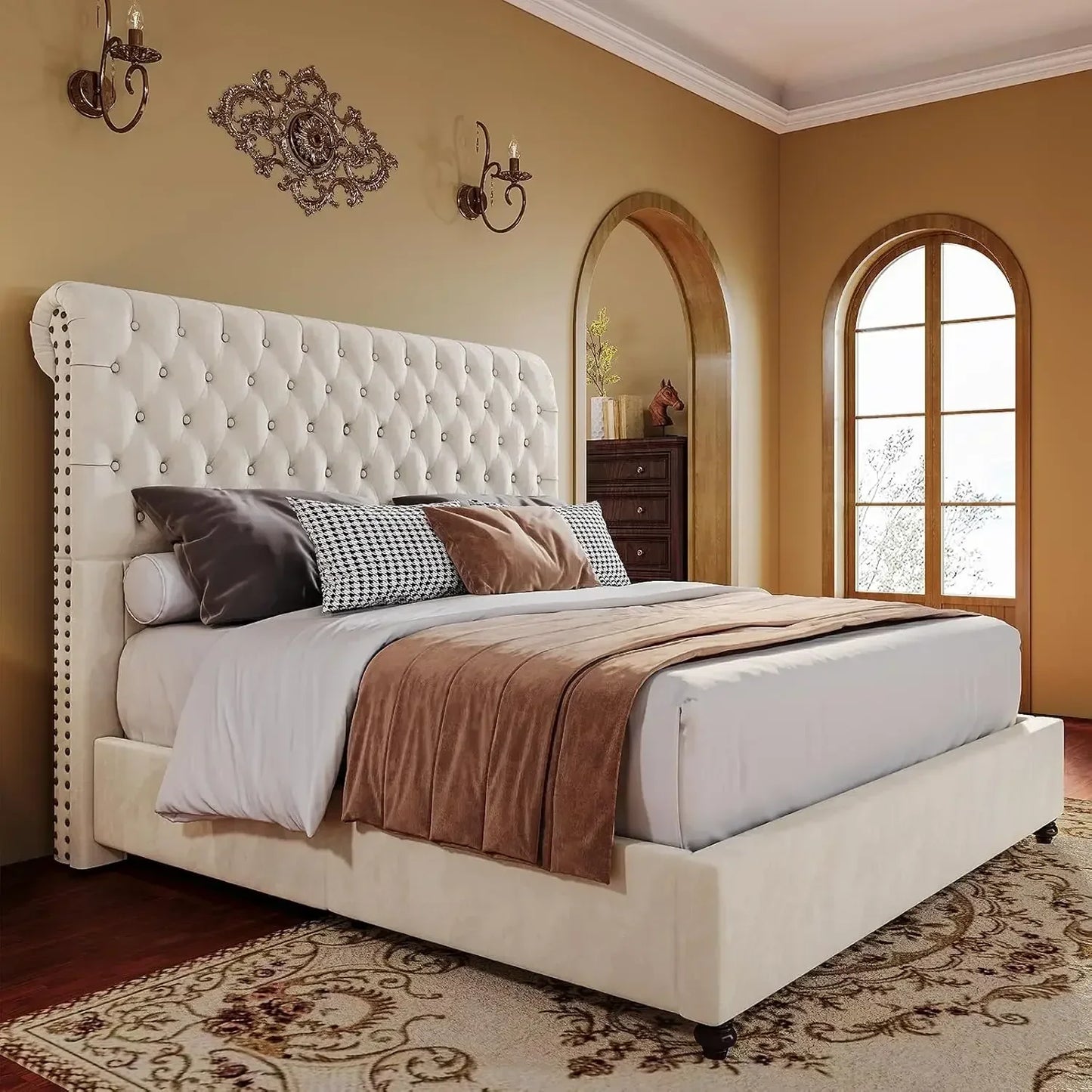 Bed Frame Upholstered Platform Bed with Sleigh Headboard, Button Tufted, No Box Spring Needed