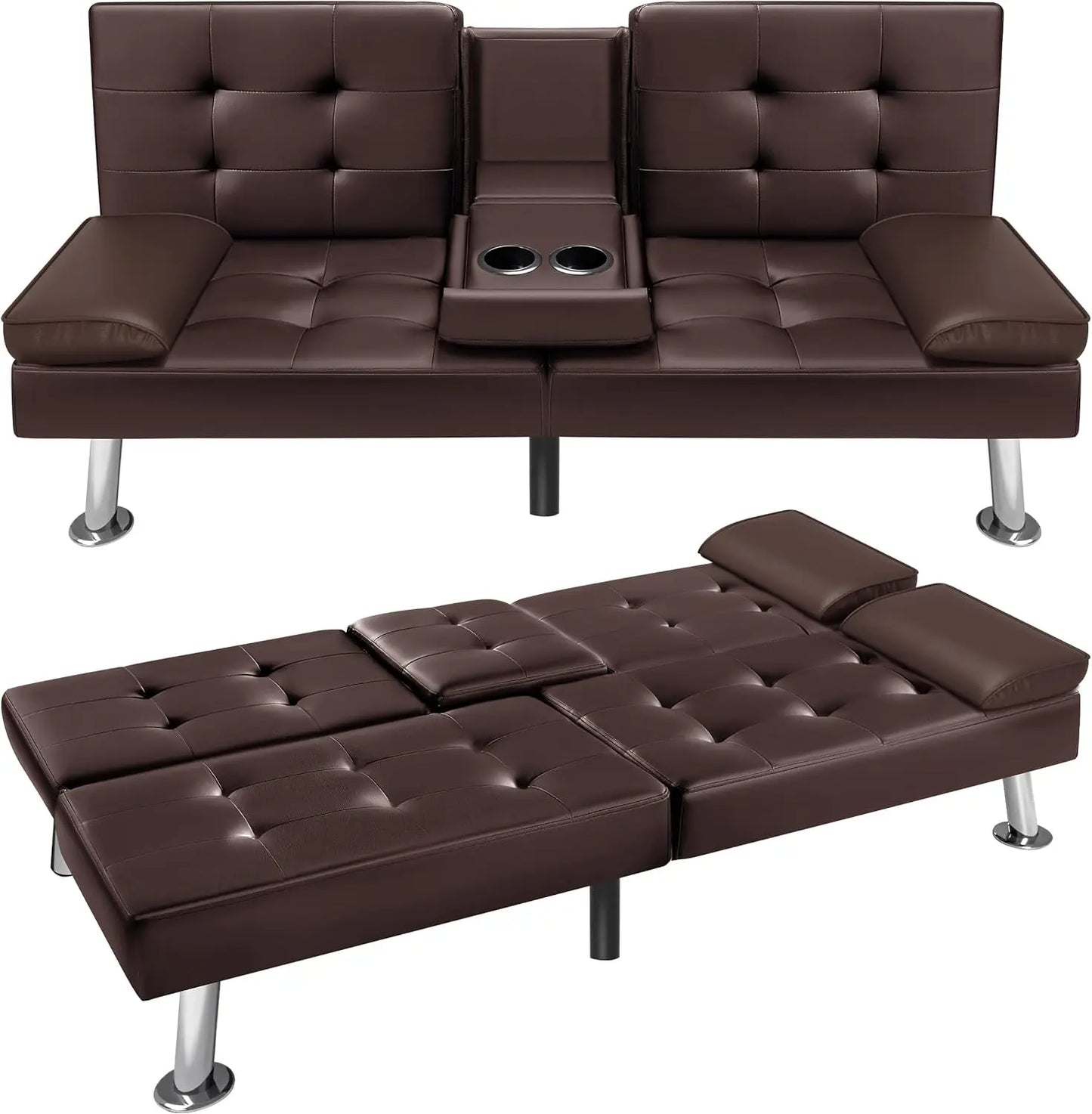 Modern Faux Leather Futon Sofa with Armrest