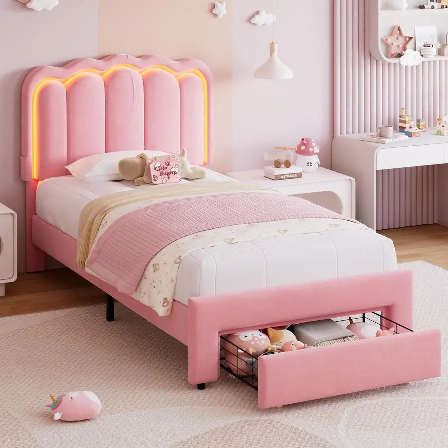 Upholstered LED Bed Frame with Storage Drawer