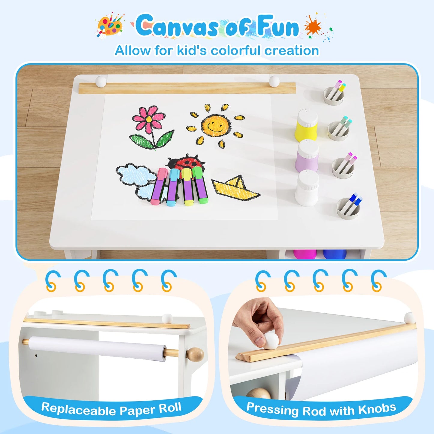 Art Table & Chair Set with Paper Roll 4 Paint Cups & 2 Storage Shelves