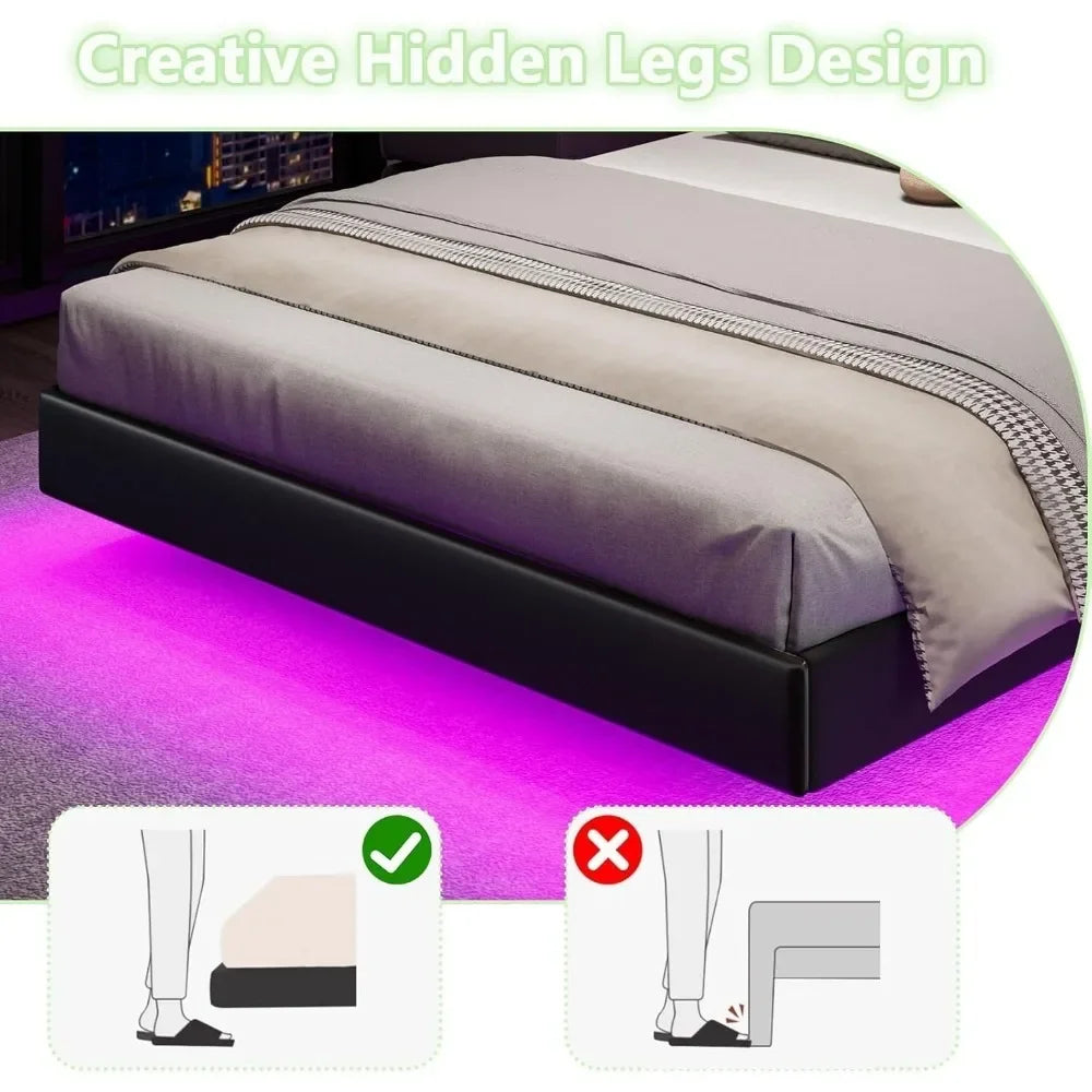Floating Bed Frame with Headboard Upholstered with LED Lights