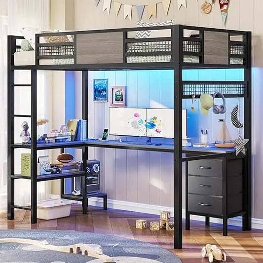 Full Size Loft Bed with L-Shaped Desk
