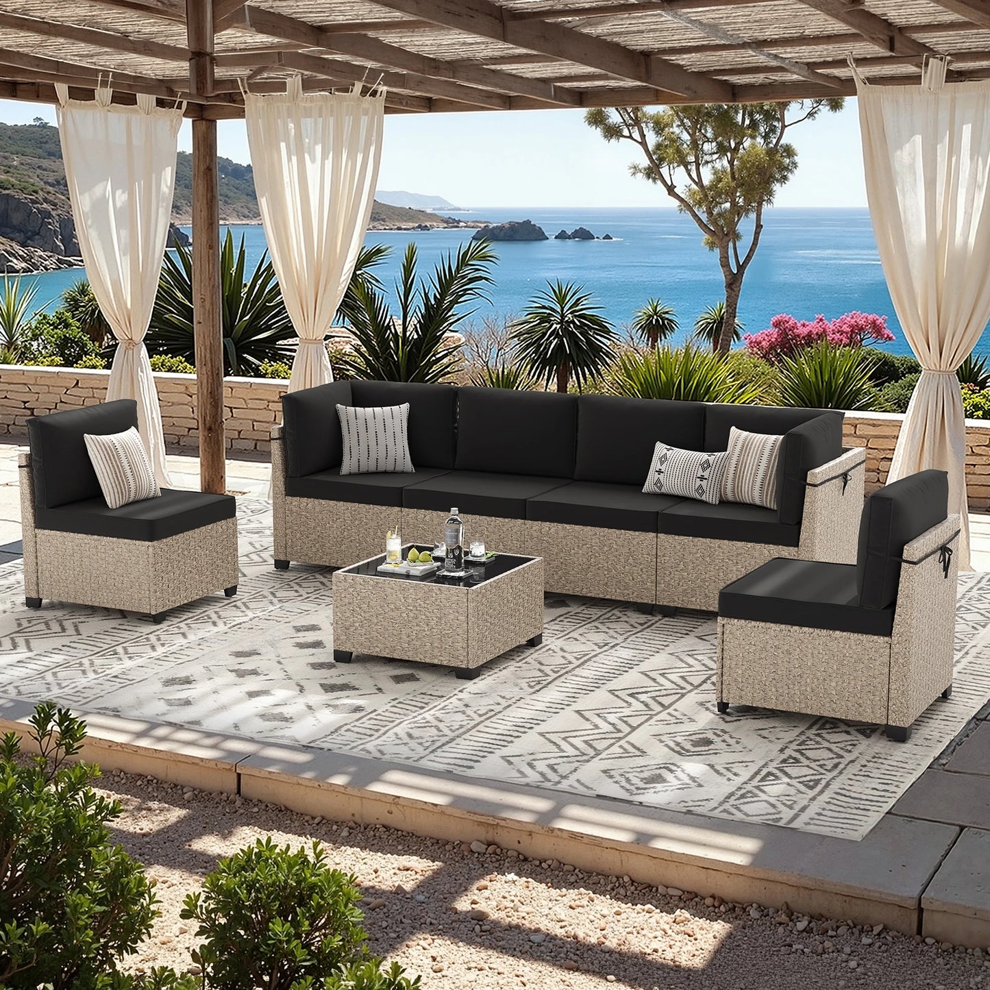 All-Weather Rattan Sectional Sofa with Tempered Glass Table