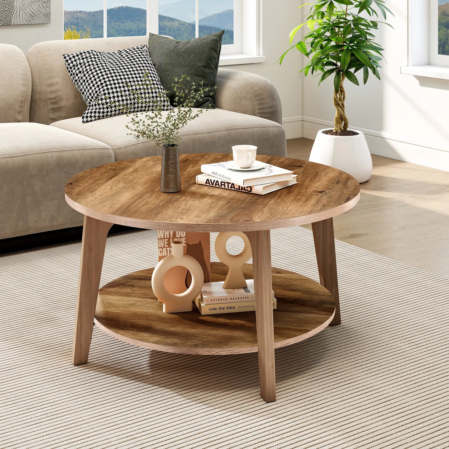 Wood Round Coffee Table with Storage Capacity