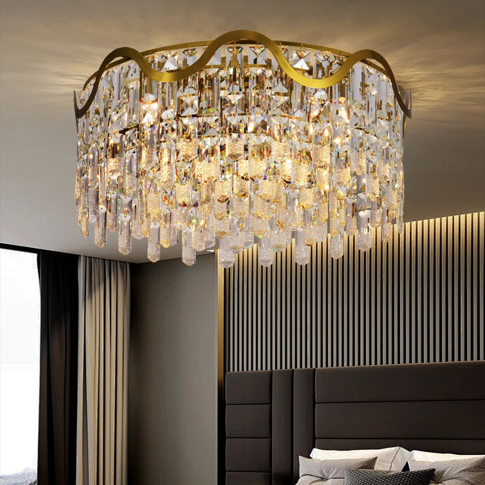Luxury Gold Crystal Flush Mount Teardrop Crystal Chandelier