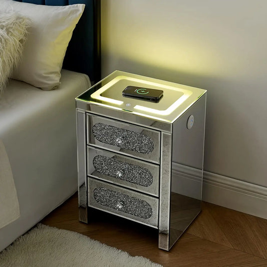 Mirrored Nightstands Set with Wireless Charging Station and LED Lights
