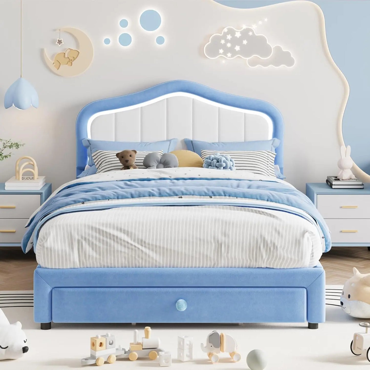 Modern Princess Style Upholstered Bed Frame with LED Crown Headboard
