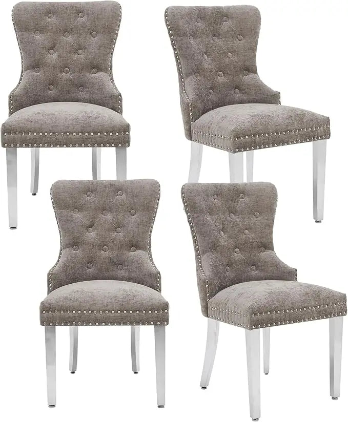 Tufted Upholstered Velvet Dining Chairs with Pull Ring and Stainless Steel Legs