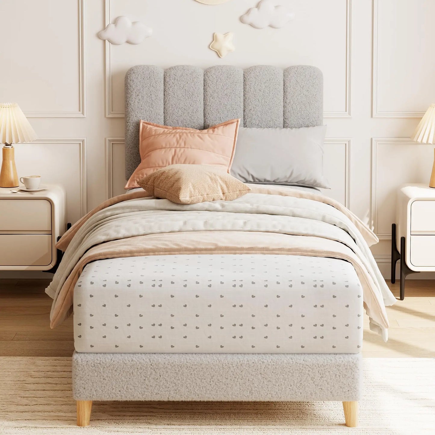 Upholstered Platform Bed Frame with Wave Headboard