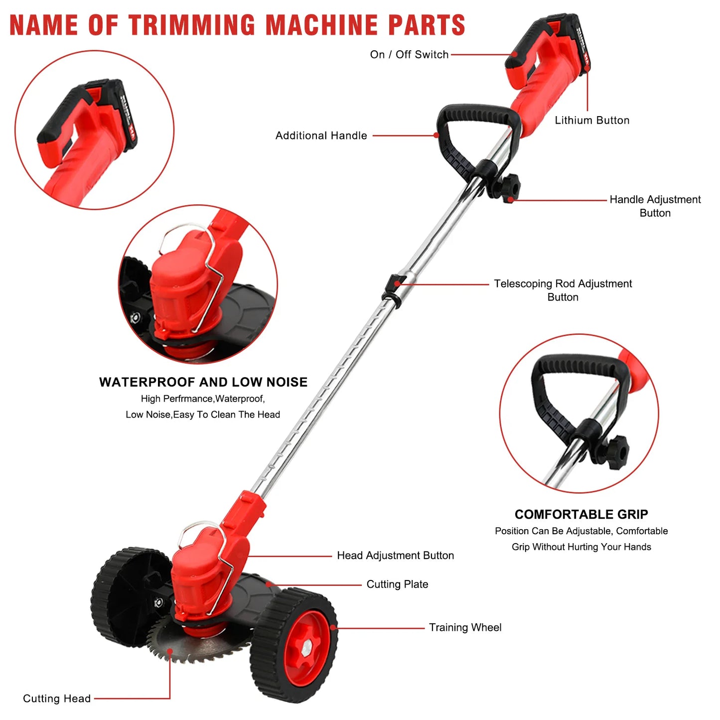 Cordless Weed Wacker Electric Grass Trimmer 3-in-1 Brush with Wheels Edger and Trimmer