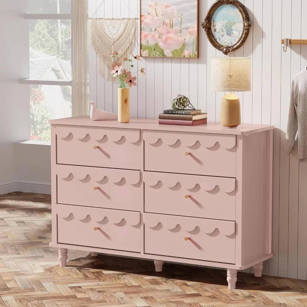 Bedroom Set - Two Drawers Nightstand & Scalloped 6 Drawer Dresser Combo