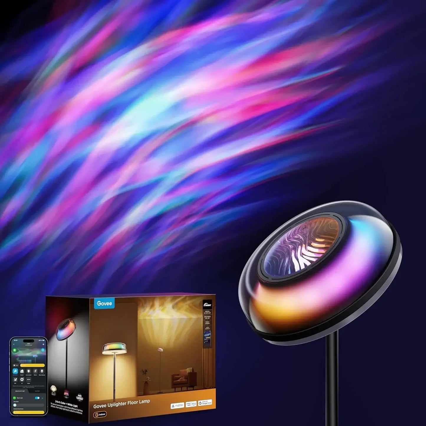 Uplighter Floor Lamp with RGBIC Ripple Projector