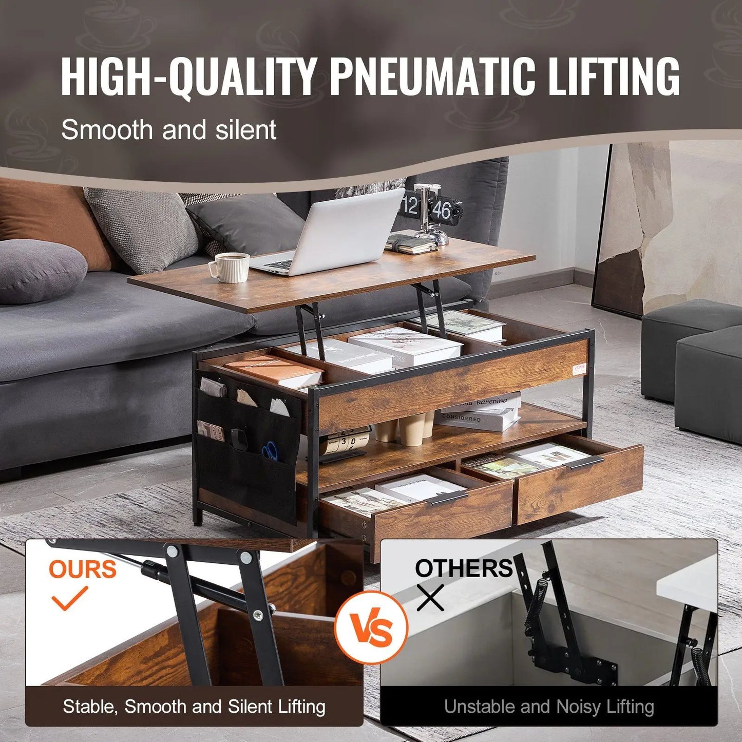 Rectangle Lift Top Coffee Table with Light & USB Port