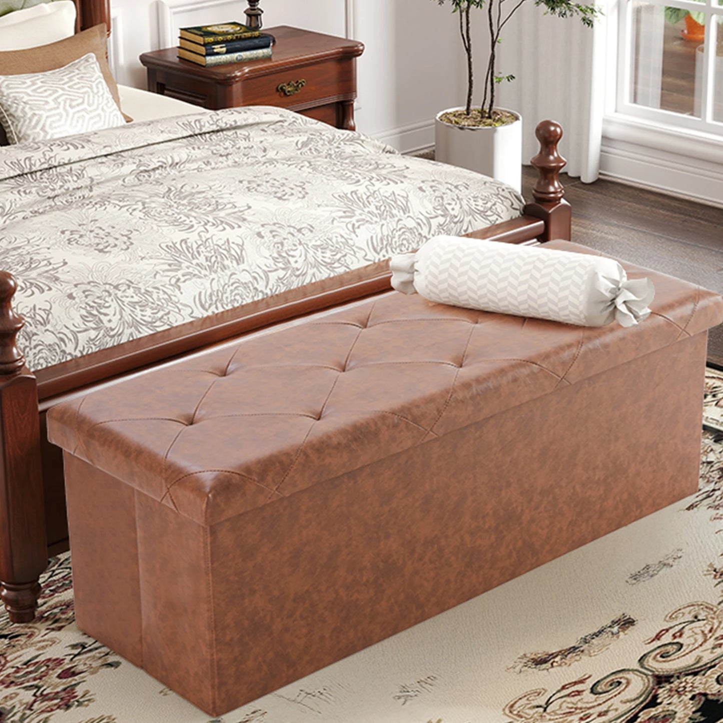 Leather Folding Ottoman Storage Footstool Bench