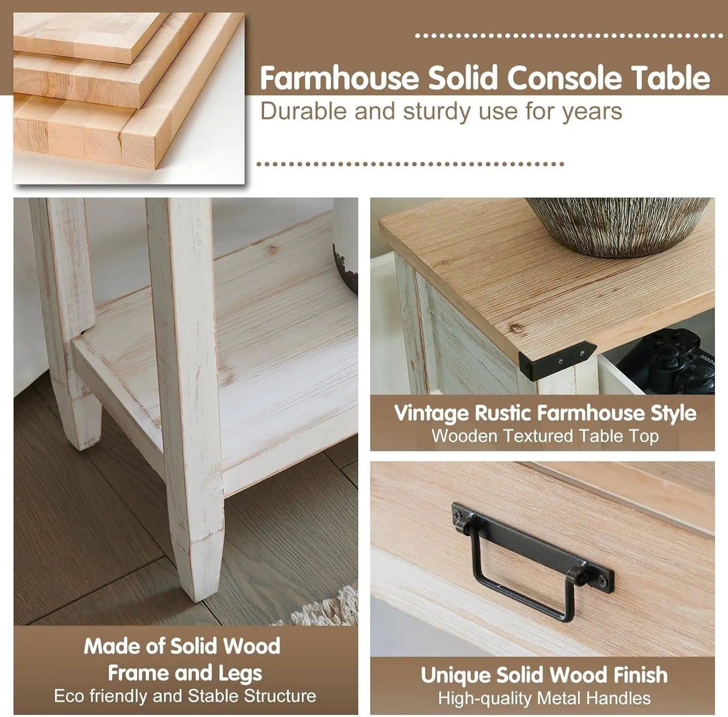 Rustic Entryway Table with Open Storage Shelves and Handmade Metal Handle