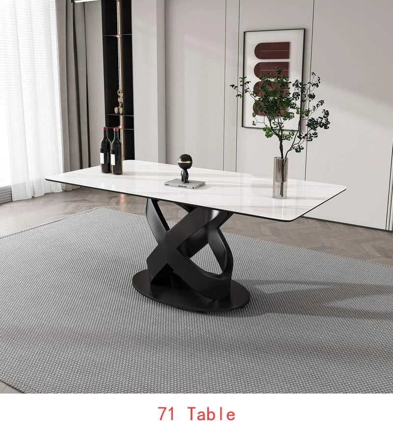 Modern Luxury Rectangular Dining Table with Centered Stone Top and Carbon Steel Base