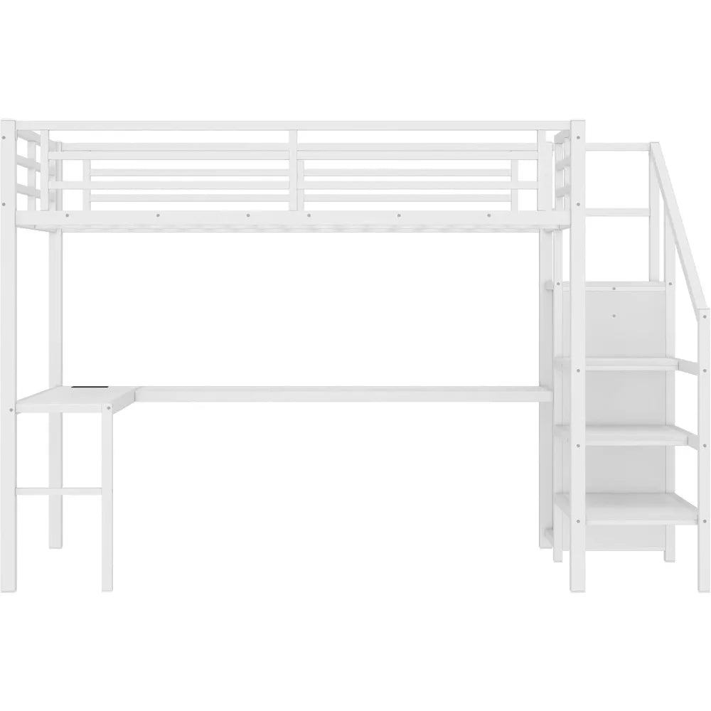 Twin XL Loft Bed with Stairs and L-shaped Desk