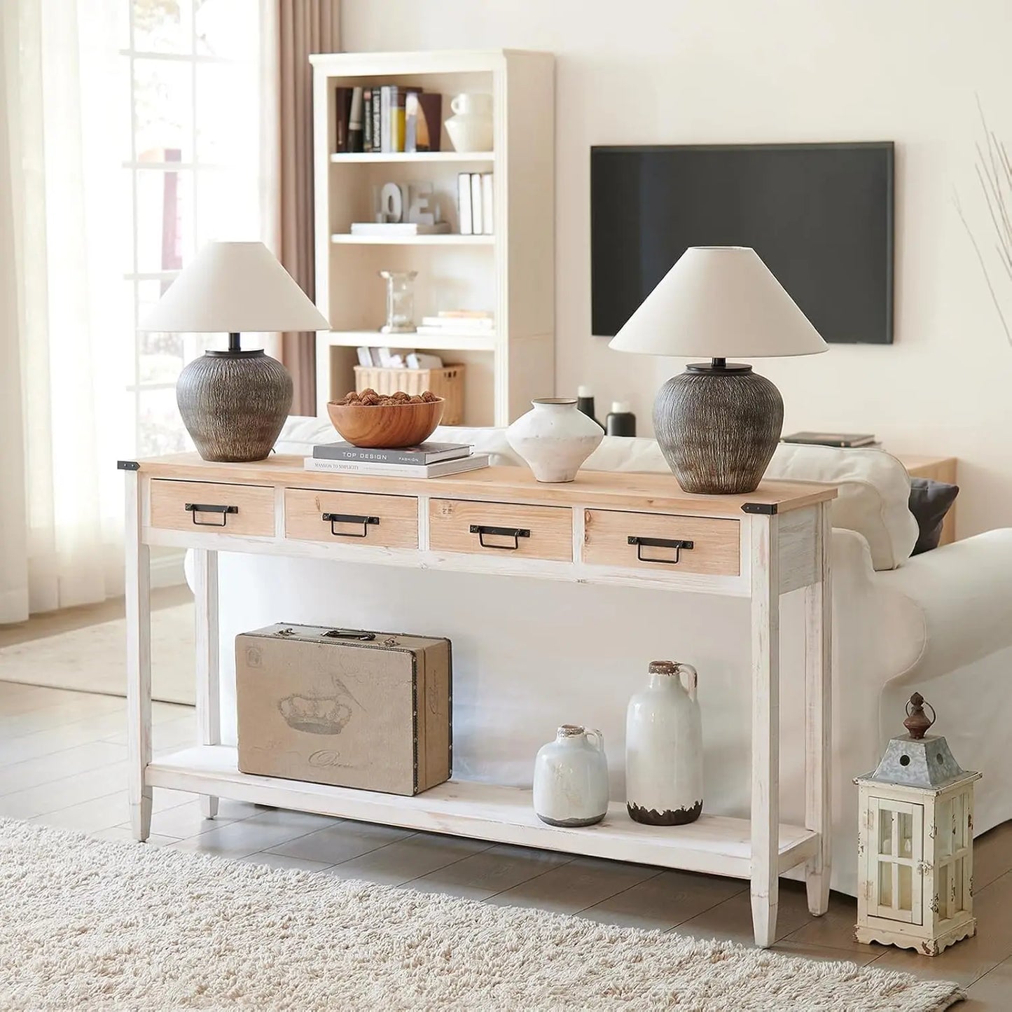 Rustic Entryway Table with Open Storage Shelves and Handmade Metal Handle