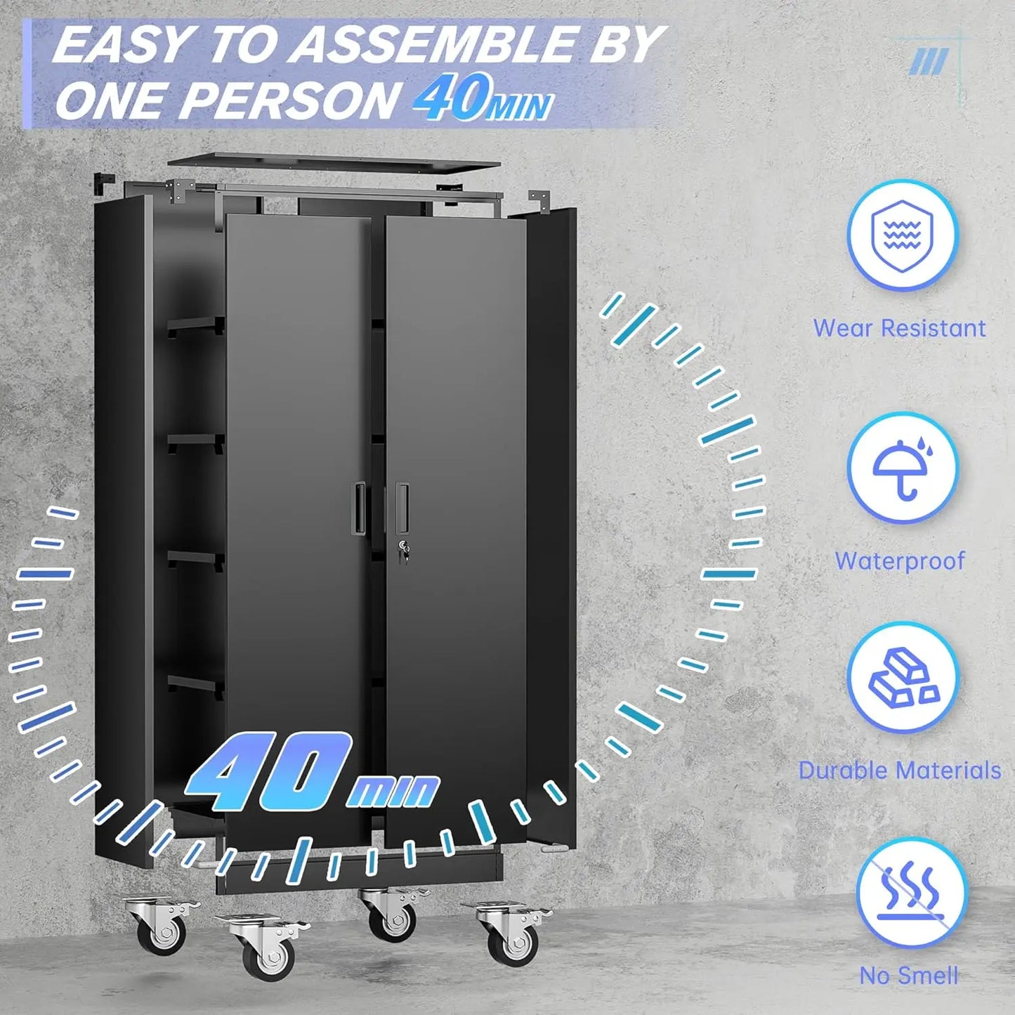 Garage Storage Cabinet with & Lockable Doors and Wheels