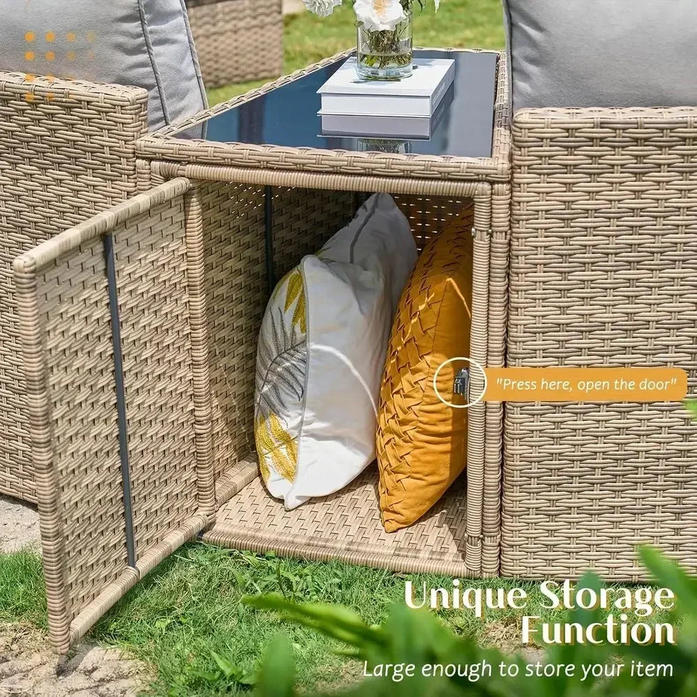 Patio Wicker Sectional Sofa Set with Storage Wedge Table and Weather-Resistant