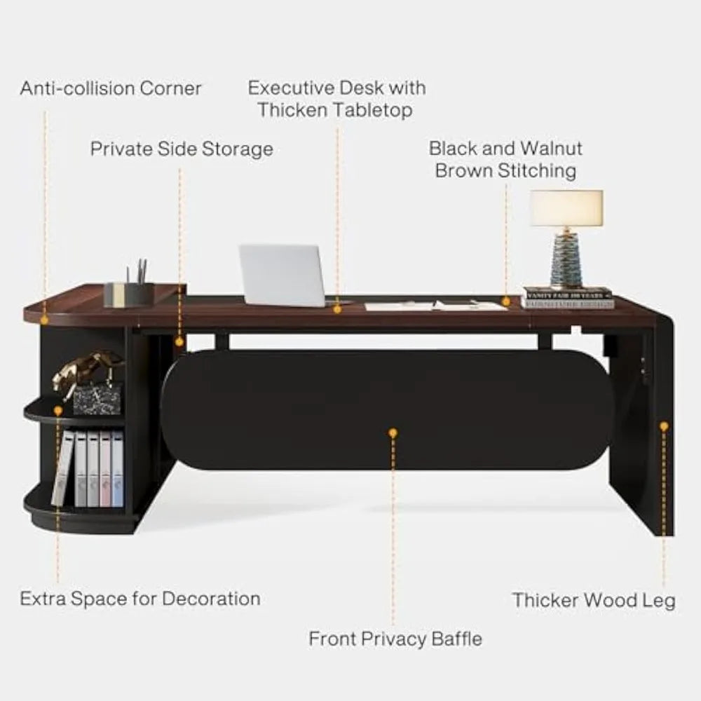 L-Shaped Executive Desk with Cabinet and Storage Shelves