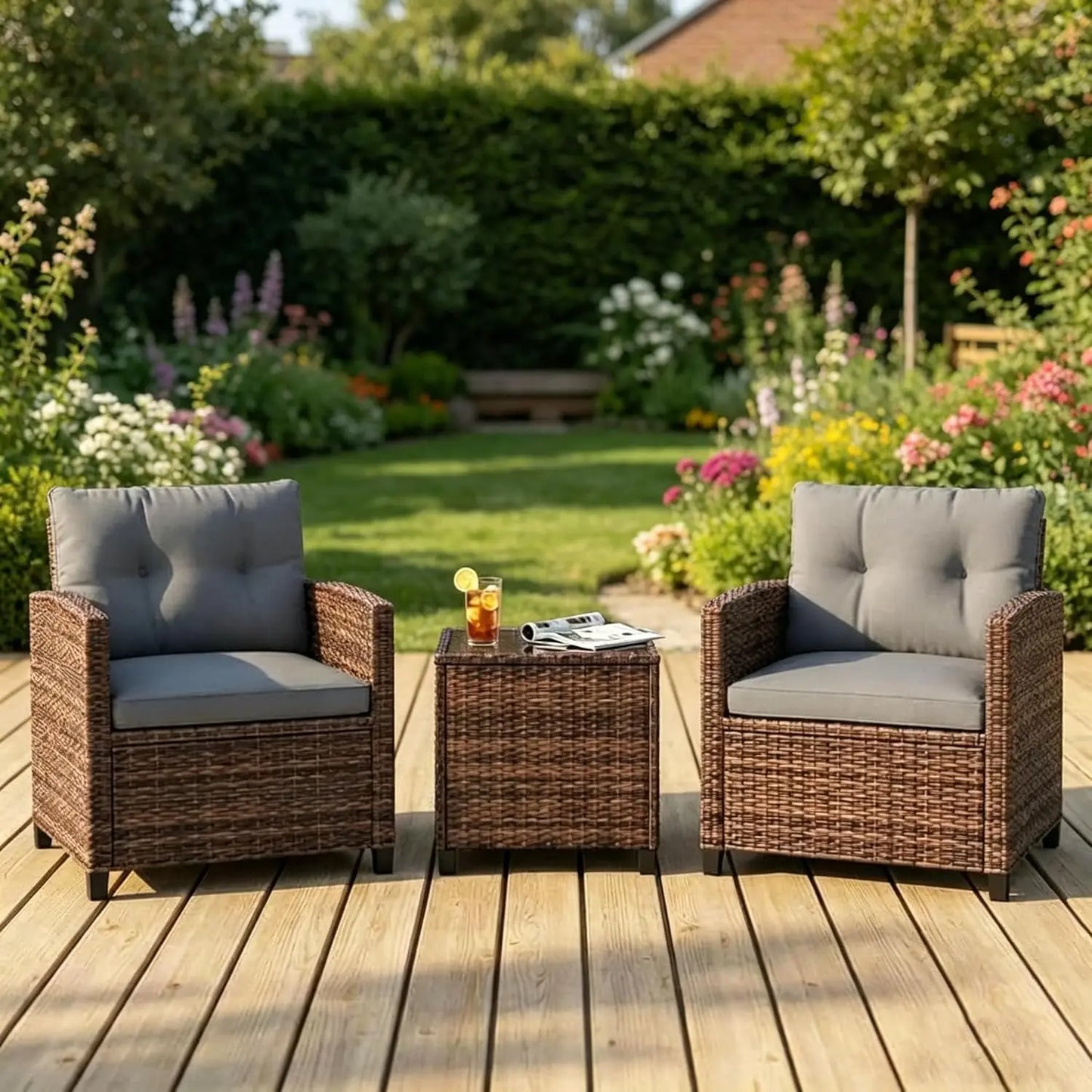Rattan Patio Furniture Set - Wicker Chairs with Side Table